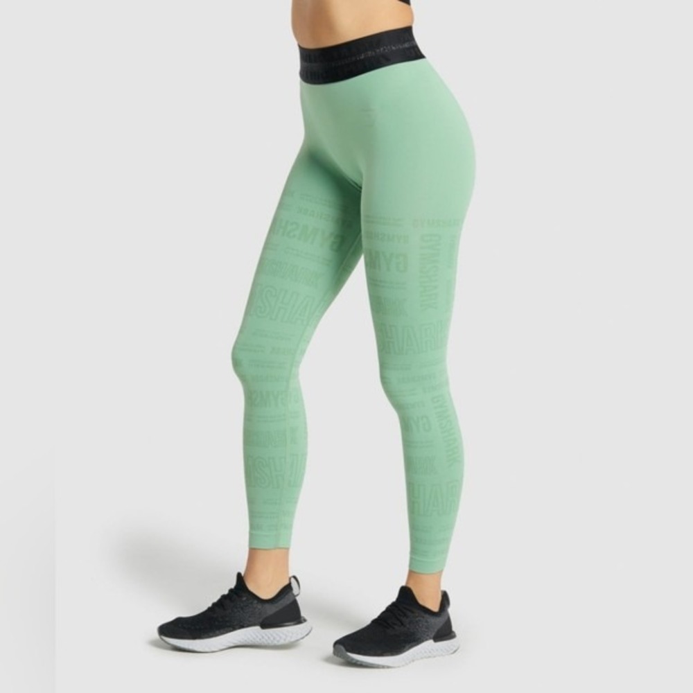 Gymshark Vision Knit Mid Rise Leggings Mint Green Spellout Print Size M Sporty